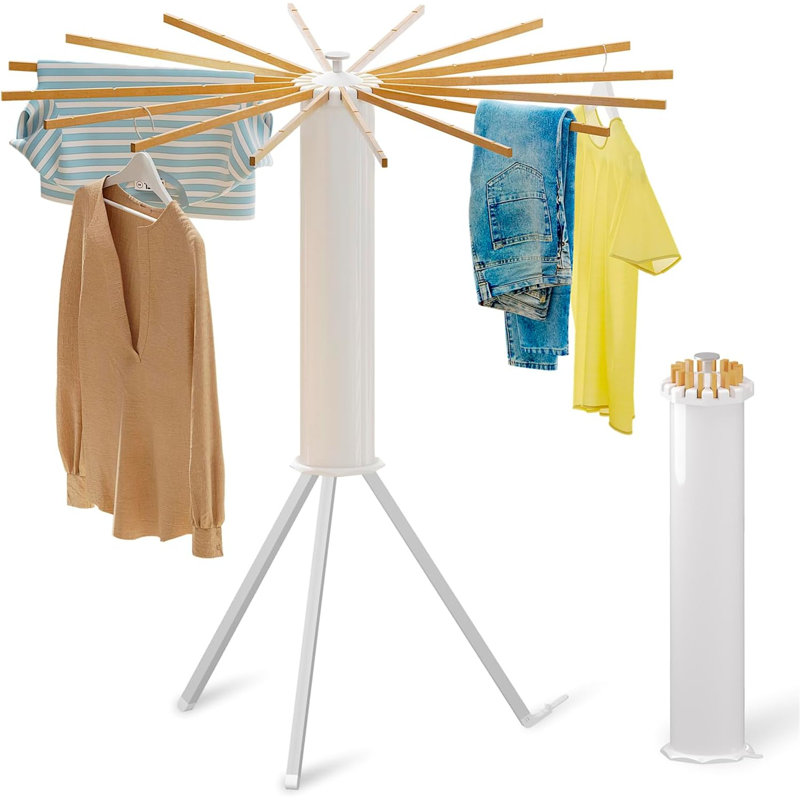 Cylinder Tripod Drying Rack - 16 Rods, Large Round, 360° Rotatable, 47.2" H x 43.5" W x 43.5" D, White/Gray/Brown