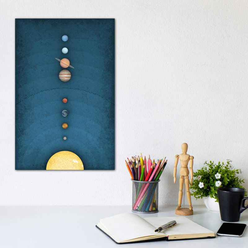 Système solaire sur bleu I - impression, Pas de tapis, Toile tendue, H 12 po x l 8 po x P 0,75 po