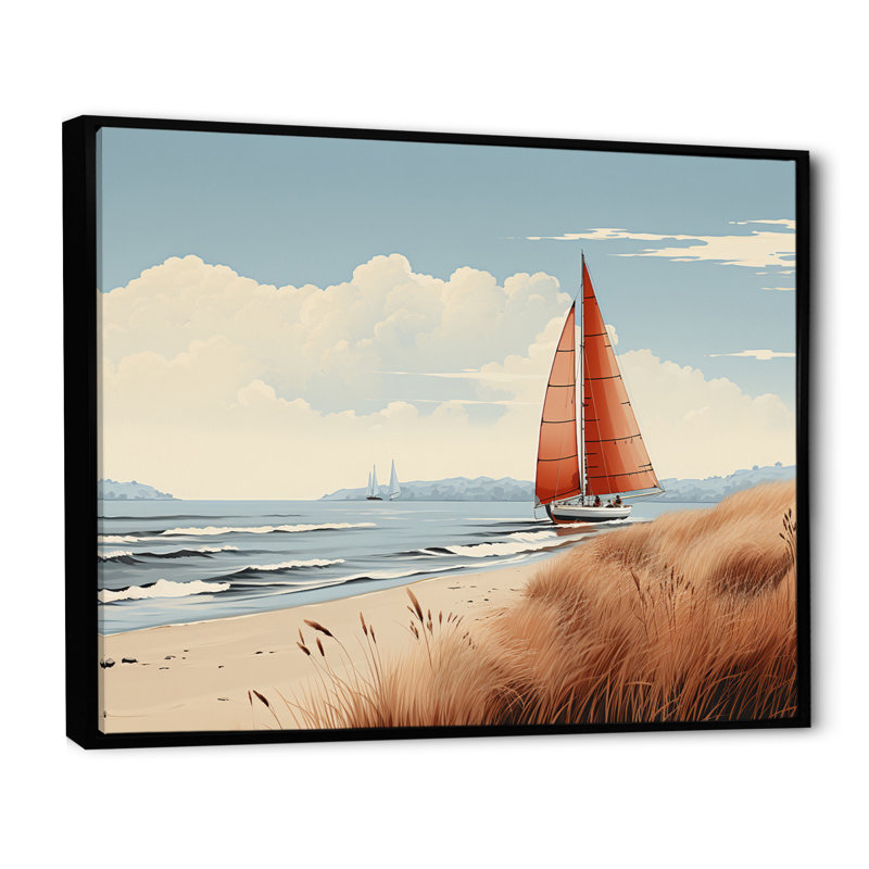 Illustration rétro sur toile rouge d'un voilier rouge sur la côte, Cadre flottant noir, H 16 po x l 32 po x P 1 po