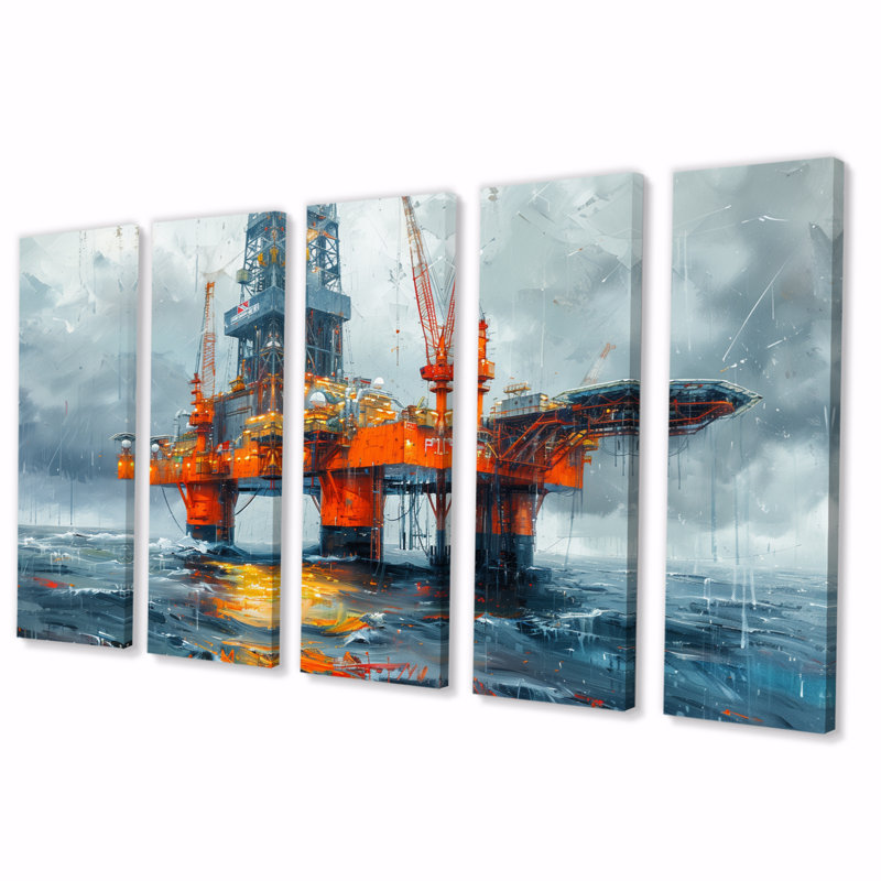 «Gray Orange Summer Summer Rig In Ocean» - ensemble d'art mural sur toile, H 32 po x l 80 po