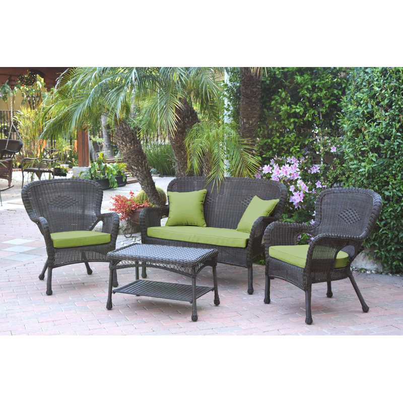 Bellas 4 Piece Sofa Set with Cushions, Green, Espresso