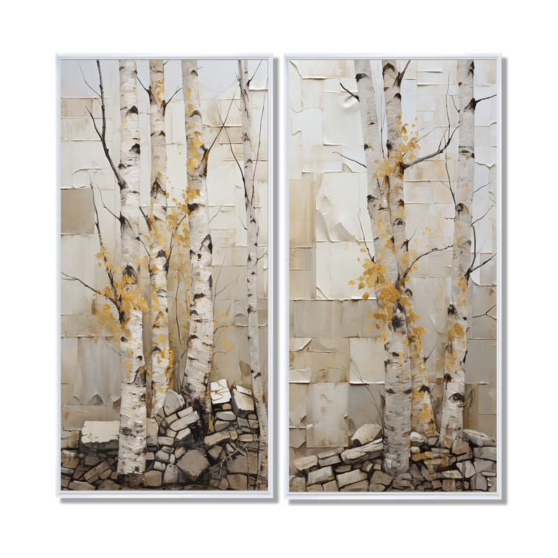 Forêt de bois de bouleau beige et jaune II - Grand arbre, reproduction d'art sur toile, 32" H x 32" W, White