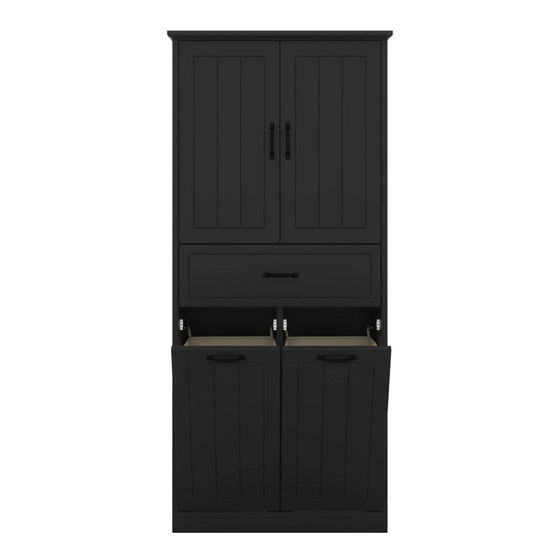 Grande armoire de rangement pour salle de bain avec portes et tiroir, armoire de rangement avec deux paniers à linge amovibles, tablette réglable