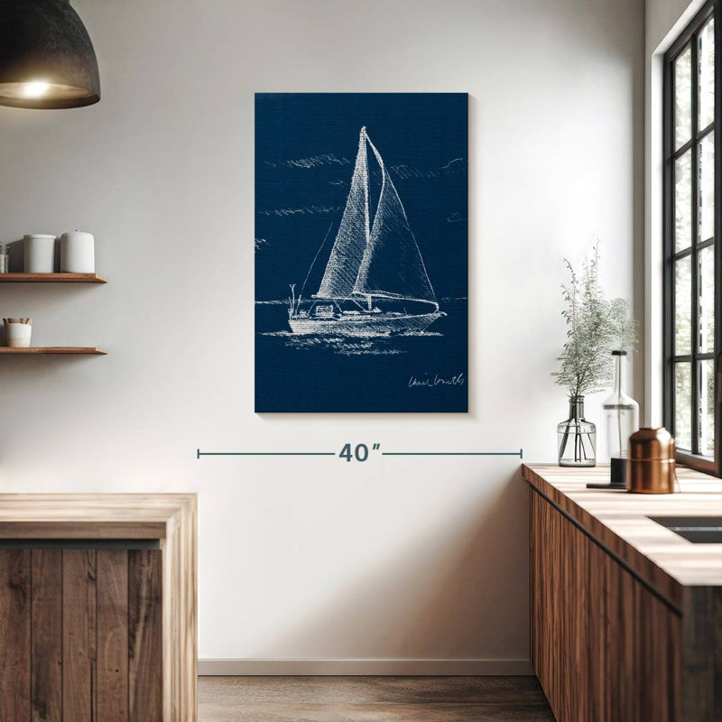 Voilier Mehar sur toile de jute bleue I, H 39 po x l 26 po