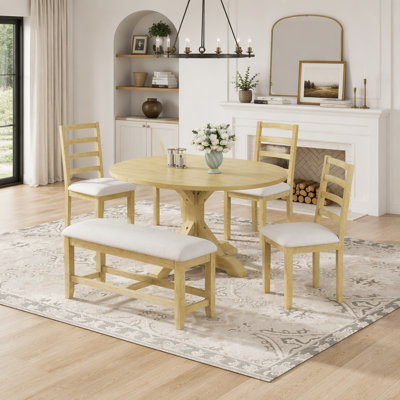 Farmhouse 6-Piece Extendable Pedestal Dining Table Set with Removable Leaf, Bench, and Ladder Back Chairs, Natural and Beige