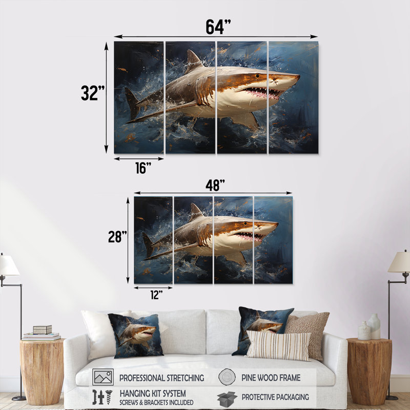 Underwater Shark Attack I - Shark 4 Piece Wall Art Canvas, 28" H x 48" W