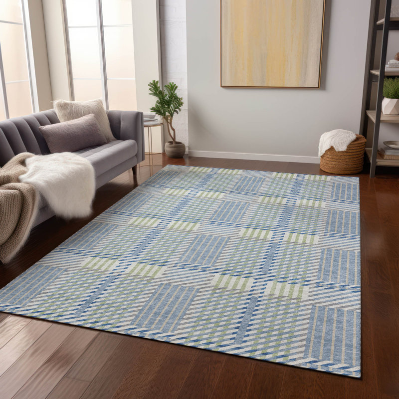 Machine Washable Denim Plaid Rectangular Synthetic Rug