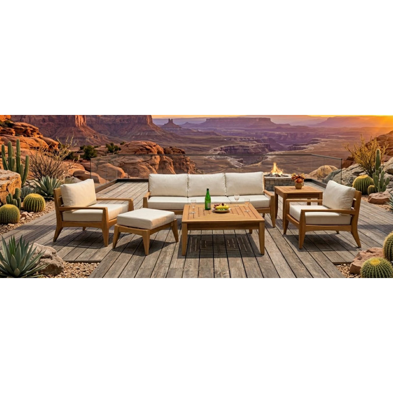 Noida Outdoor 6 - Piece Teak Conversation Set, 6 Pcs: Table, Sofa, x2 Chairs, End Table, Ottoman