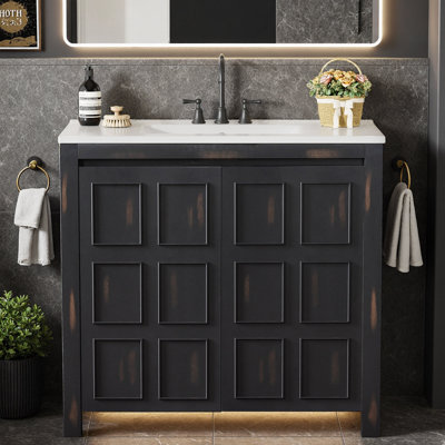 36" Hand-Painted Olive Green Bathroom Vanity with Ceramic Sink, Distressed Finish Solid Wood Cabinet, Concealed Handles, Soft-Close Doors, Transitional Style, Freestanding