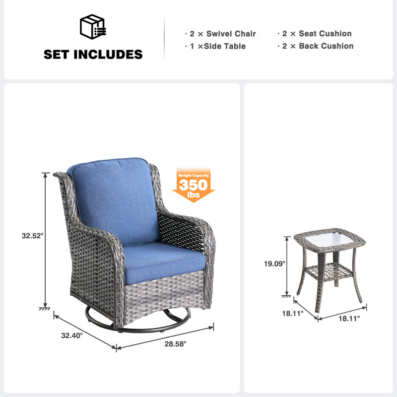 Ensemble de conversation en rotin avec coussins 3 pièces Guillen, Gris, Bleu denim