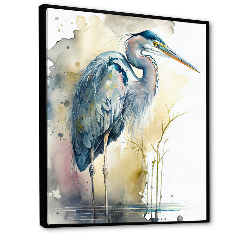 Héron au bord de l'eau, aquarelle III - héron, art mural, H 32 po x l 16 po x P 1 po, Toile avec cadre flottant noir