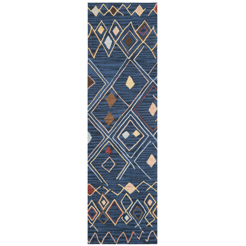 Renfrow Southwestern Hand-Hooked Wool Blue/Yellow Area Rug, Runner 2'3" x 10'