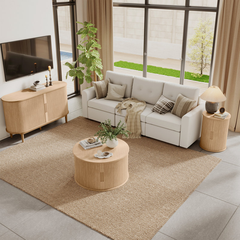 Table basse ronde avec grand rangement Leathia, Beige