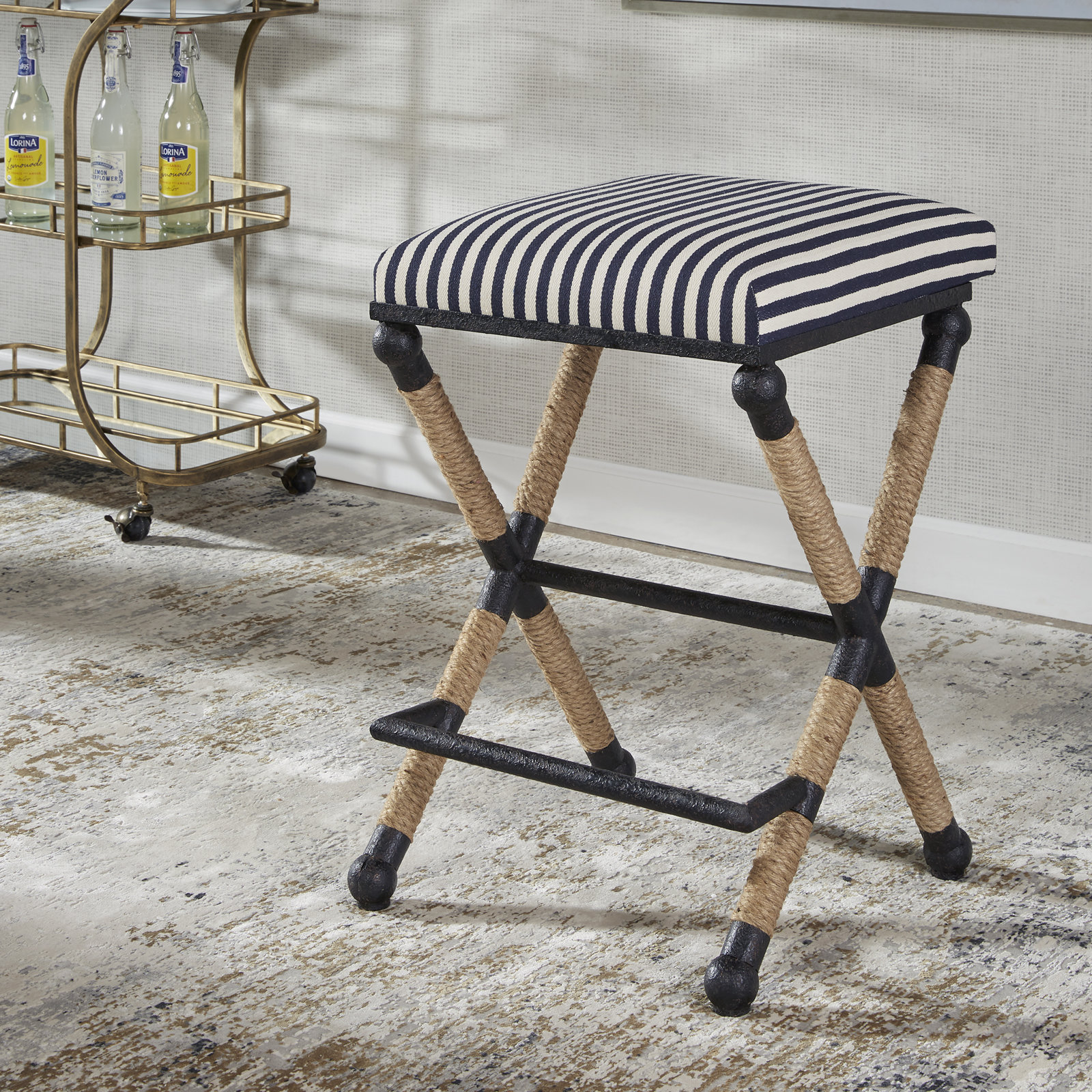 Faline 28" Bar Stool, Blue/White striped 