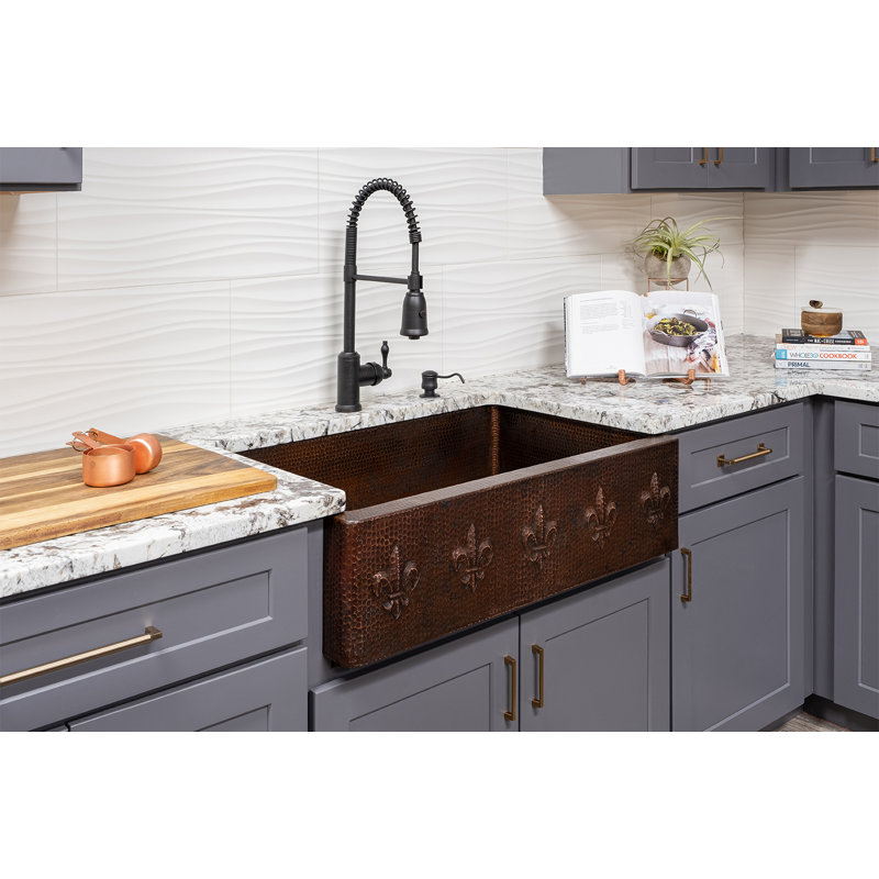 33" Hammered Copper Apron Front Single Basin Kitchen Sink w/ Fleur De Lis