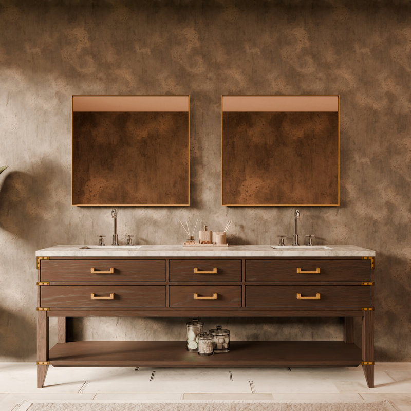 84" Double Bathroom Vanity Set, White Carrara Marble, Brown Oak