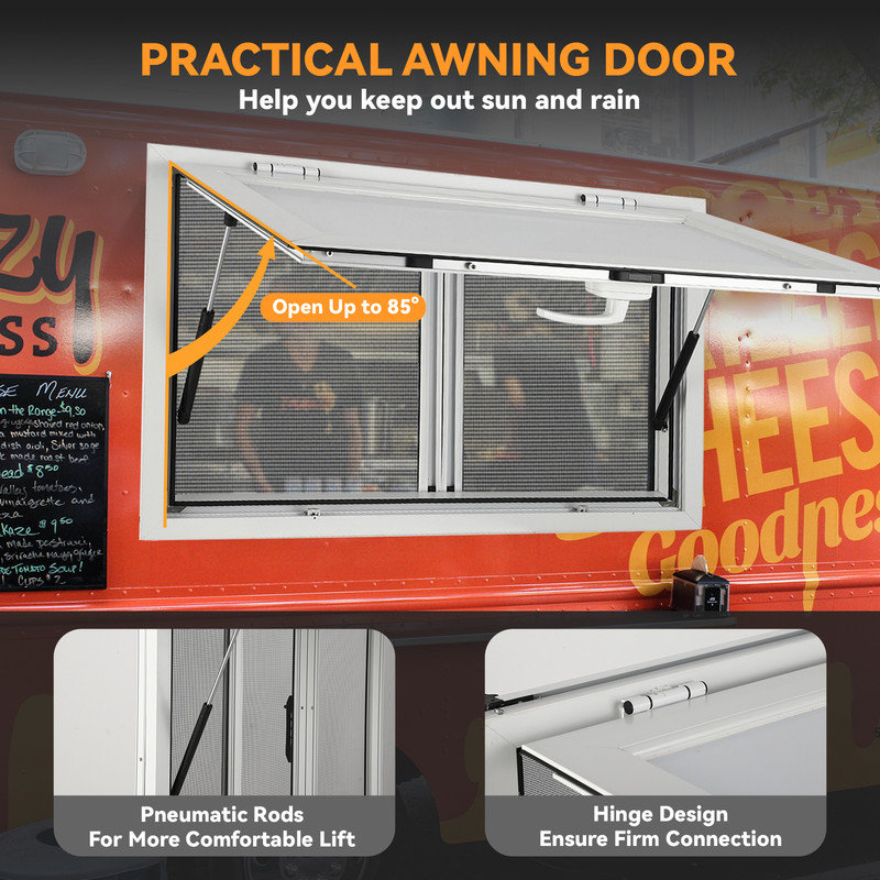 Concession Window for Food Truck, 122 x 91 cm Aluminum Alloy Service Window Up to 85 Degrees, with 2 Horizontal SlidingWindows & Awning Door for Concession Trailer