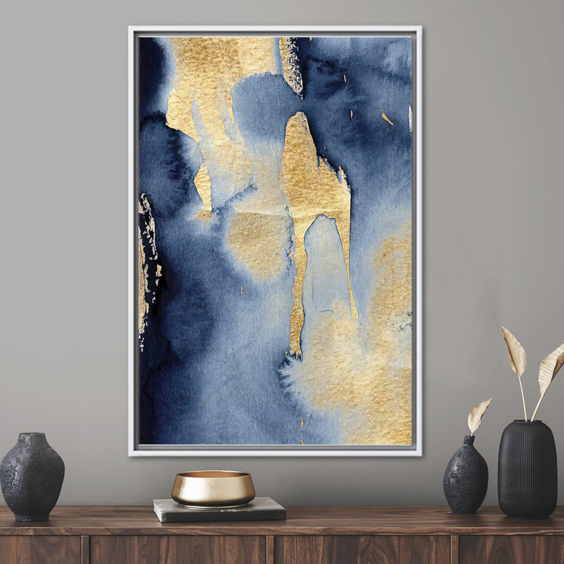 Modern Abstract Canvas Art in Blue and Gold - Trendy Shimmery Contemporary Artwork, 16" H x 12" W, Framed Print without Mat
