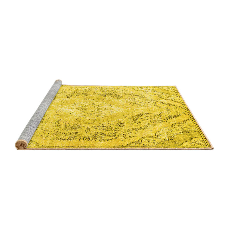 Tapis floral jaune / gris en polyester tissé à la machine Floral, Carré 7 pi
