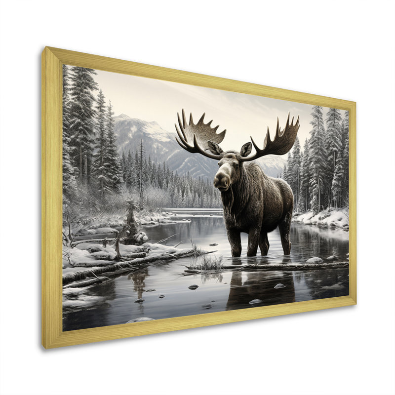Orignal brun et blanc Winter Majesty - art mural orignal pour le salon, H 24 po x l 32 po, Cadre photo unique, Doré