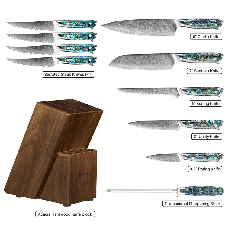 Senken Knives 11-Piece Damascus Knife Block Set with Abalone Shell Handle - 67-Layer Japanese Steel UmiBlock_11