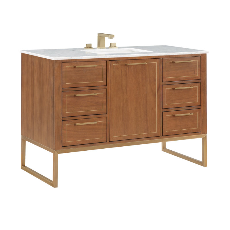 Ensemble de meuble-lavabo simple 48 po Markham, Noyer, Marbre de Carrare, Laiton satiné