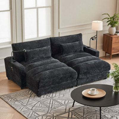 Oversized Double Chaise Lounge Sofa With Chenille Tufted Design, Cup Holders, Usb Ports & Sleeper Function