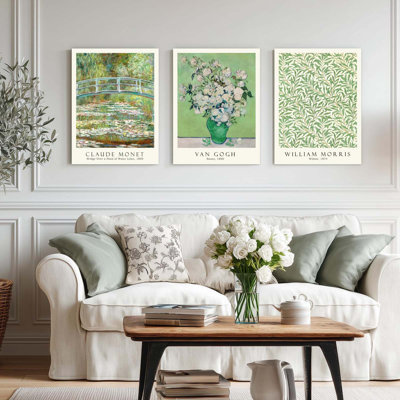 Art mural encadré Monet Van Gogh William Morris, décoration murale botanique sur gazon, peintures sur toile impressionnistes de style Mid-Century, impression de paysage moderne vert pour le salon, ensemble de 3 pièces de 12 x 16 pouces