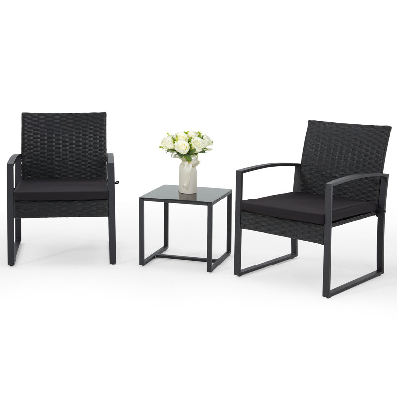 3 Piece Patio Bistro Rattan Chair With Cushions And Coffee Table Set, Black, Black