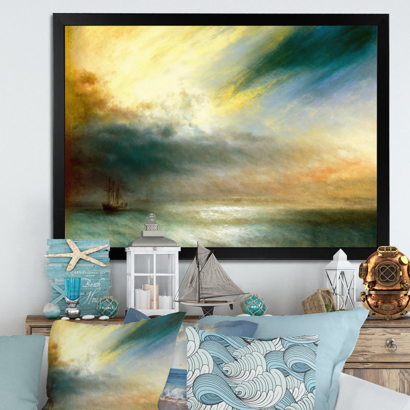 Voilier pendant le coucher du soleil exotique IV - Bateau côtier, art mural sur toile, Cadre d'angle fermé noir