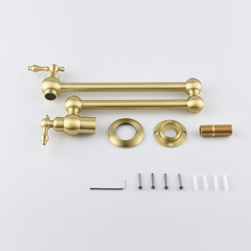 Gold Brass Pot Filler Faucet Wall Mount With Arm Design For Optimal Function, Double Handles Precise Water Flow Control, Corrosion Surface Preservation Mechanism, Serene And Non-Disruptive Aerator