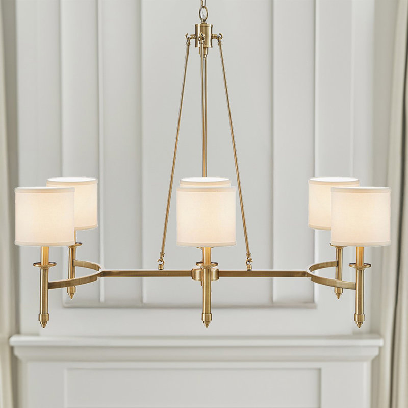 Lustre 6 lumières avec abat-jour tambour en tissu Voir ci-dessous, Or antique