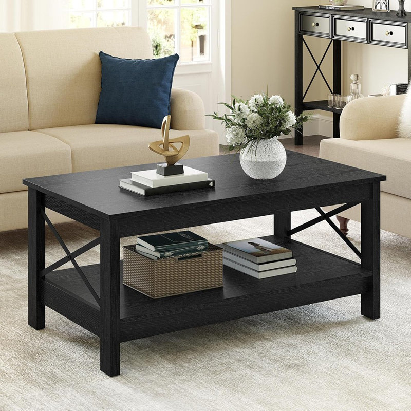 Table basse pour le salon, table basse de style campagnard moderne avec rangement, table centrale à 2 niveaux pour le salon, table de salon en bois avec cadre robuste, noir