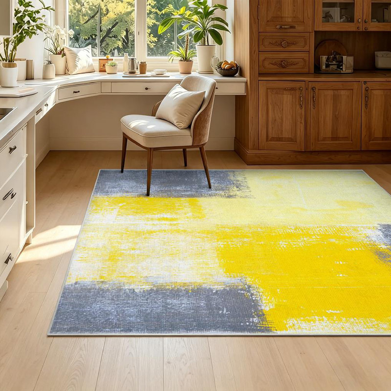 Tapis d'intérieur lavable à la machine moderne transparent gris et jaune abstrait, Rectangle 55" x 79"