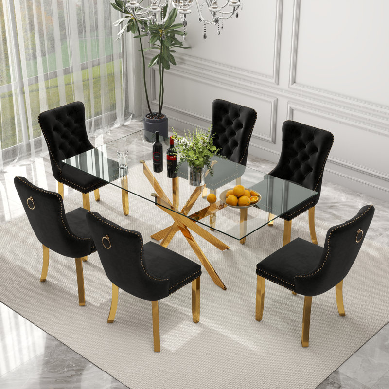 Ensemble de table de salle à manger rectangulaire en verre, 7 pièces : table, 6 chaises, Noir et or, Doré