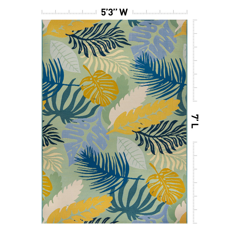 Coastal Tropical Leaf Indoor/Outdoor Patio Area Rug, Blue And Yellow Botanical Design, Rectangle 5'3" x 7'