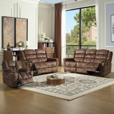 Leelan 3-Piece Super Soft Microfiber Reclining Living Room Set With A Heated Massage Power Lift Recliner & A Manual Reclining Logveseat & A Elegant Sofa
