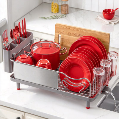 Grand égouttoir à vaisselle - Égouttoir à vaisselle extensible, égouttoir à vaisselle multifonctionnel pour comptoir de cuisine, égouttoirs à vaisselle antirouille avec couverts et porte-gobelets de 19,2 à 26,7 po x l 12,9 po, argent
