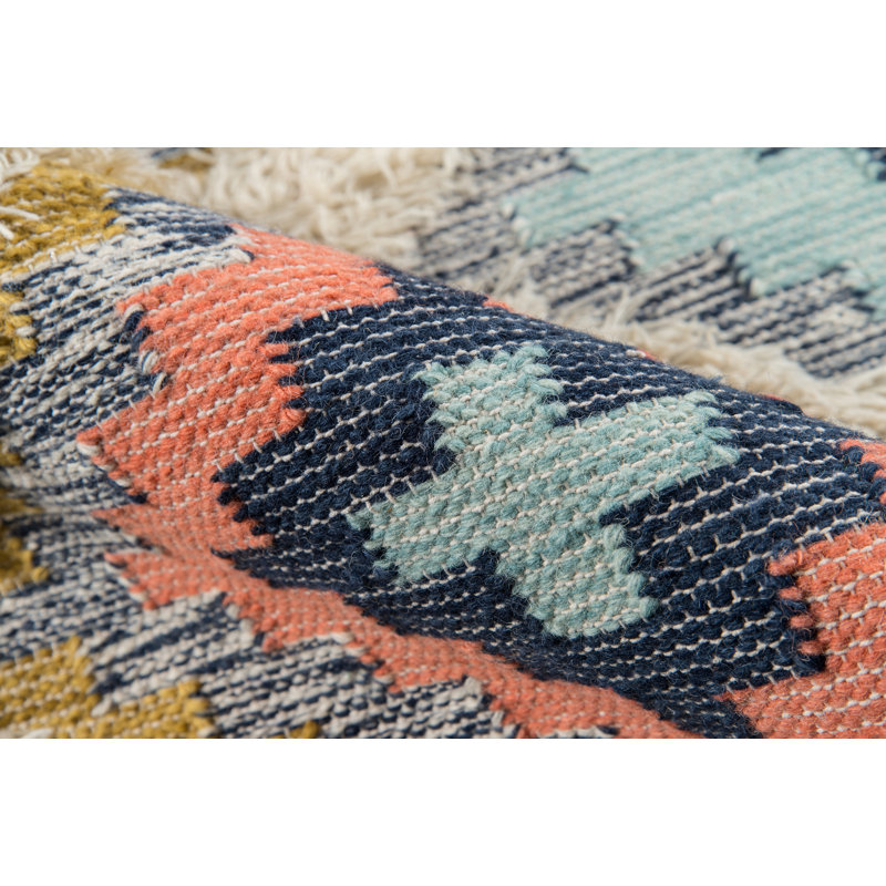 Handmade Blue Geometric Wool 5' x 7' Area Rug