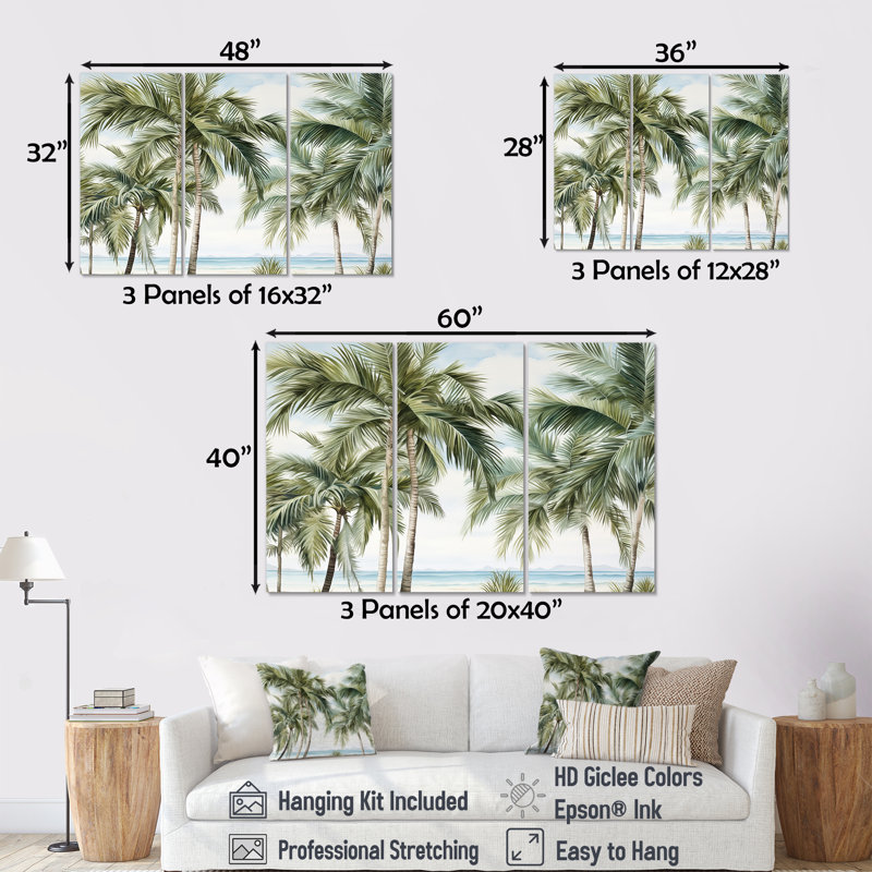 Palmiers sur la plage I - Ensemble de palmiers et palmiers, Toile tendue, H 40 po x l 60 po