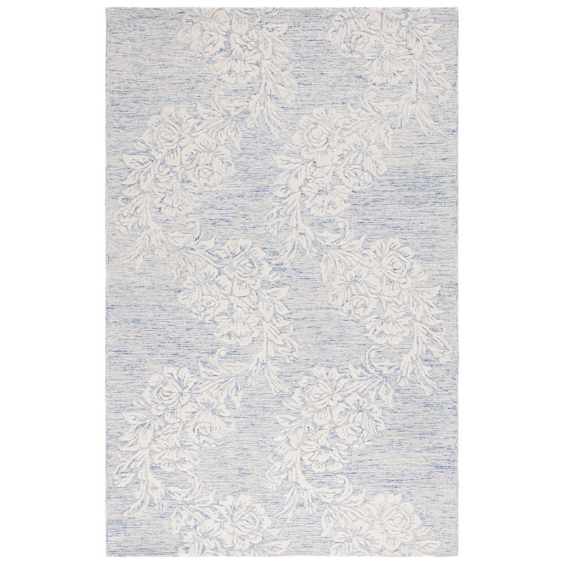 Batholomew Hand Tufted Wool/Cotton with Cotton Backing Floral Rug in Ivory/Blue, Rectangle 5' x 8'