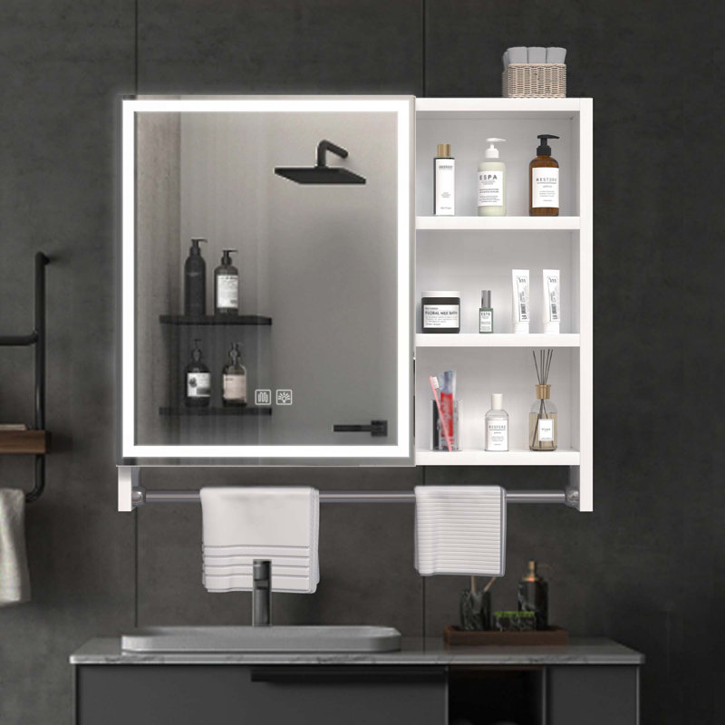 Armoires de salle de bain modernes en aluminium 32 po x 28 po, armoires à pharmacie avec miroirs et lumières DEL, casiers de salle de bain avec compartiments de rangement à plusieurs niveaux et porte-serviettes