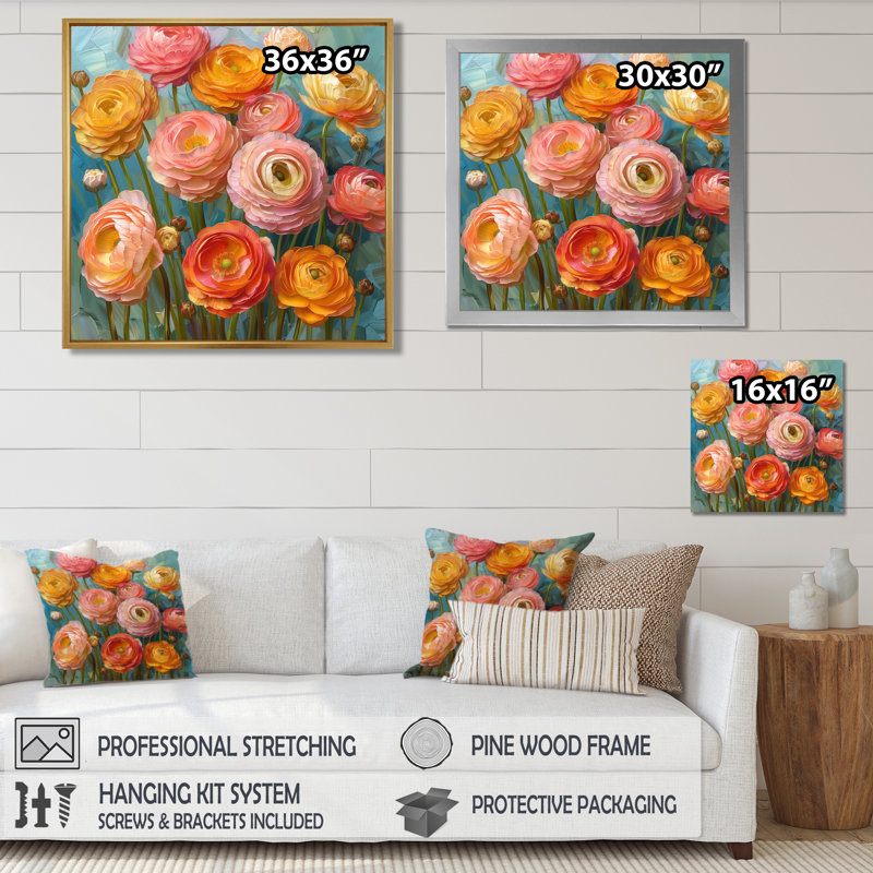 Reproduction d'art rose, rose et orange, Summer Meadow III - Renoncule, H 16 po x l 16 po x P 1 po, Toile tendue