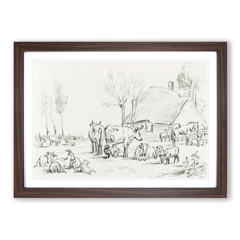 Farm Animals by Jean Bernard - Picture Frame Drawing Print, 48cm H x 65cm W x 2cm D, Walnut Framed