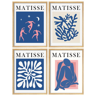 " Matisse-Inspired Blue And Pink Modern Artwork Minimalist Wall Art Decor " 4 - Pieces