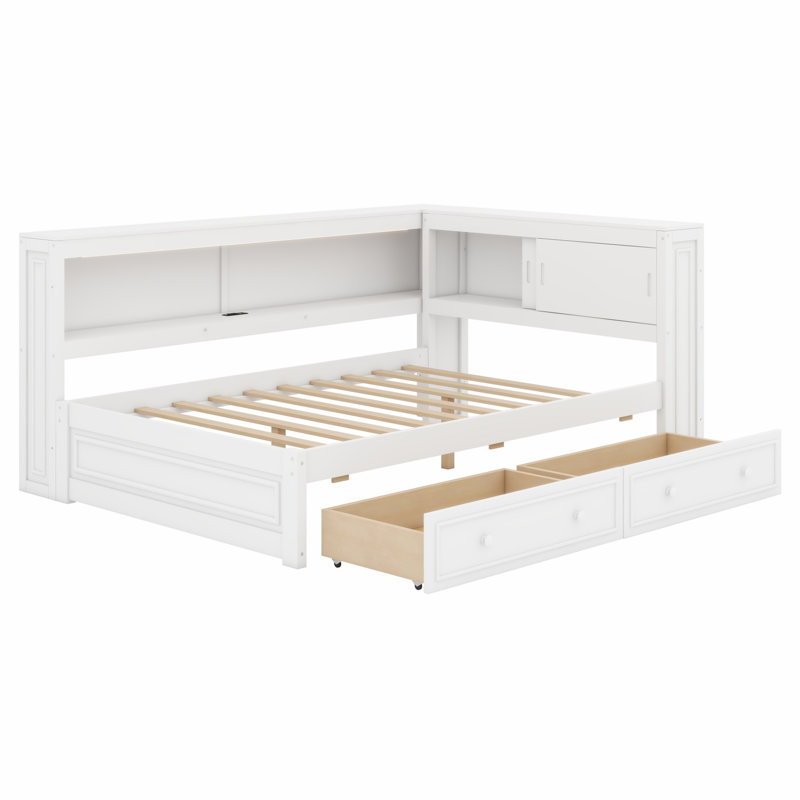 Stylish Wood Daybed Frame with Storage Shelves, Drawers, USB Ports & LED Lights, White