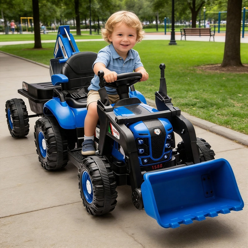 Tracteur 24V pour enfants avec télécommande, construction pour enfants, Bleu et noir