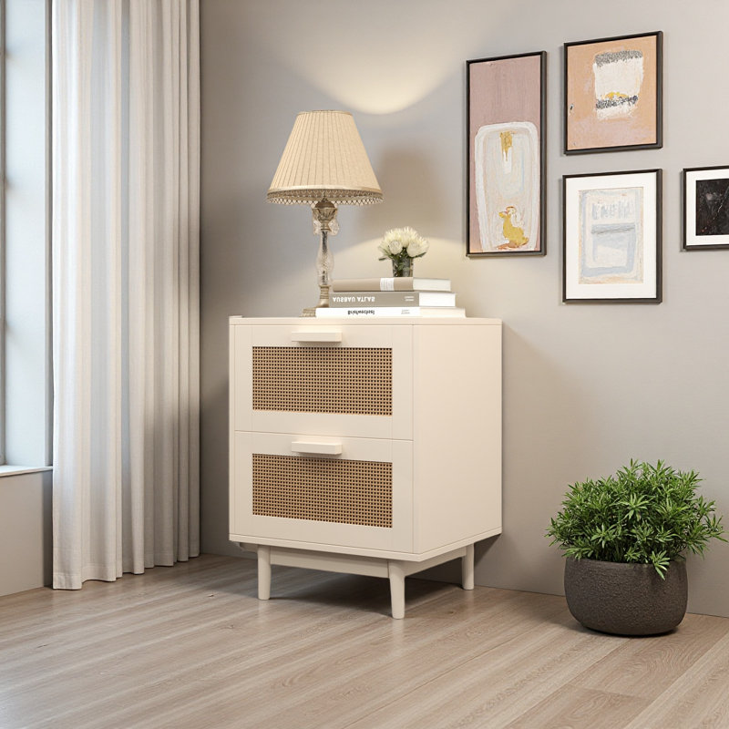 Rattan Nightstand, Wood End Table, Side Table With 2 Faux Rattan-Decorated Drawers