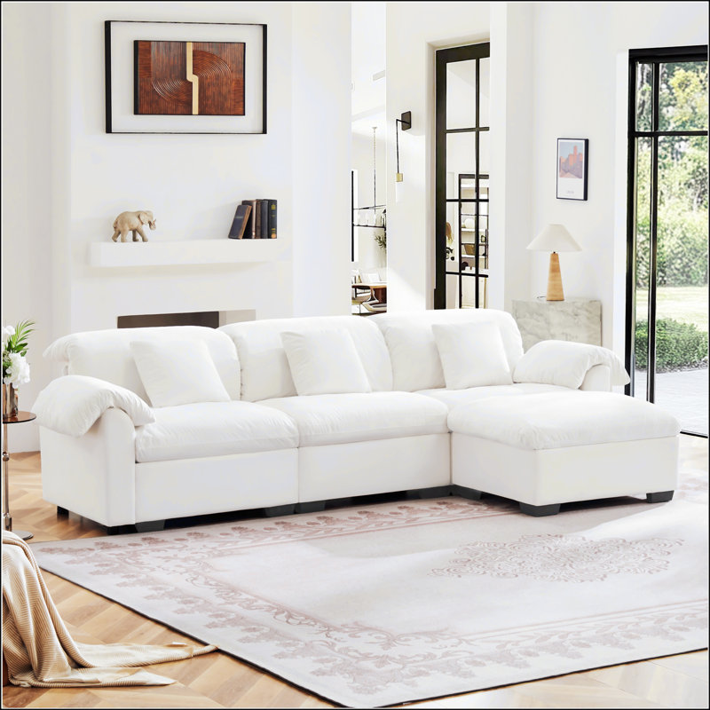 Canapé en L pour quatre personnes en velours, H 33,9 po x l 119 po x P 37,6 po, Blanc