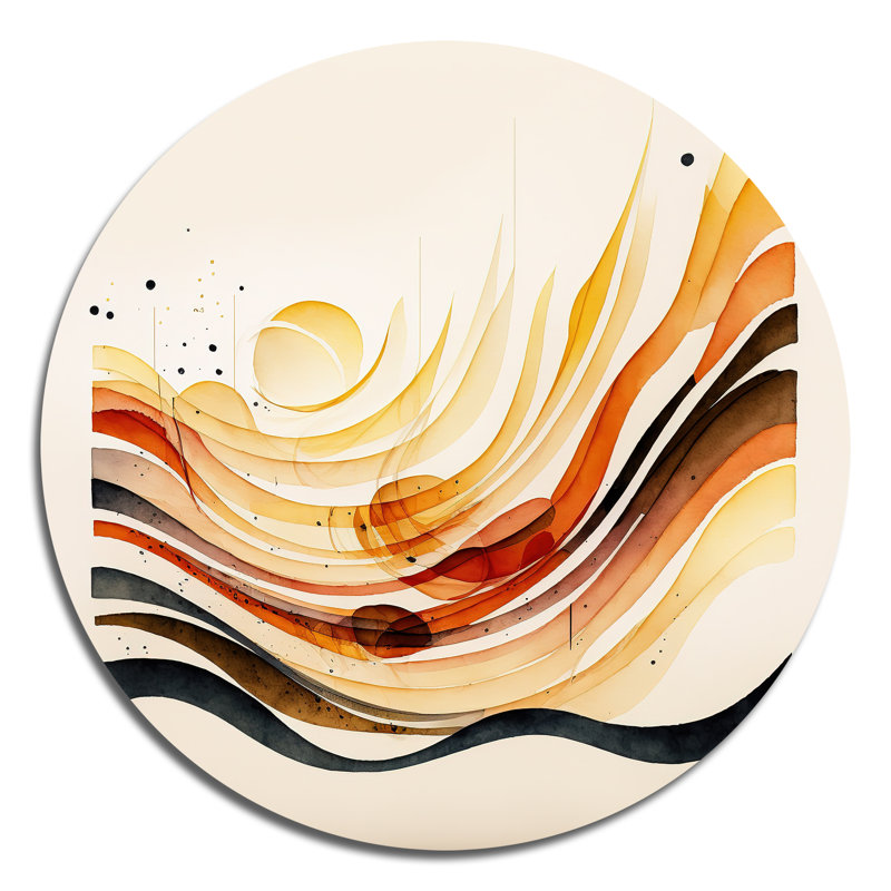 «Burnt Orange Waves Abstract IV - Abstract Minimalisme», art mural rond sur métal, L 16 po x H 16 po